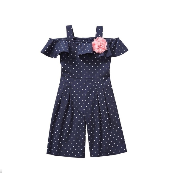 NEW WITH TAG Janie and Jack Navy Dot Off-The-Shoulder Jumpsuit Size 12-18 Months - Picture 1 of 7